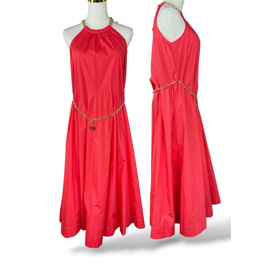 Michael Kors Coral Pink Chain Halter Midi Dress with MK Logo Belt Small NEW